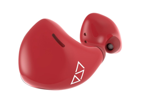 a red earbuds with white logo