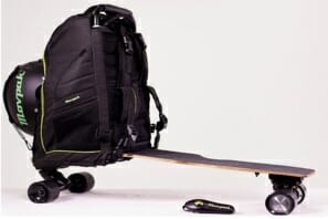 a black backpack on a skateboard