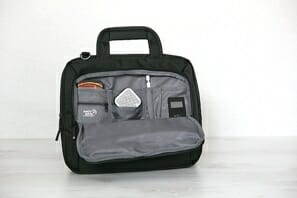 a black bag with a pocket inside