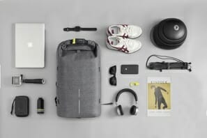 a grey bag and various items