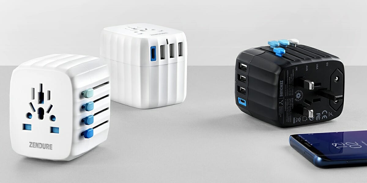 News: Zendure Passport GO Travel Adapter a group of black and white cubes with blue and white ports