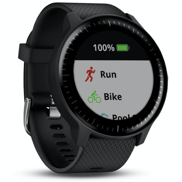 a black smart watch with a screen showing a running and bike