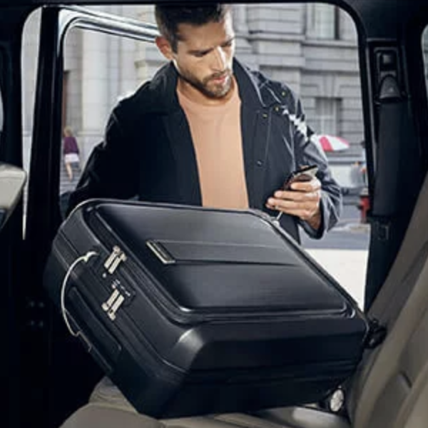 a man holding a suitcase in the back of a car