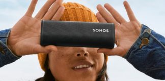 Travellers can now take that Sonos Sound on the Road with the New Roam Portable Speaker a woman holding a speaker over her eyes