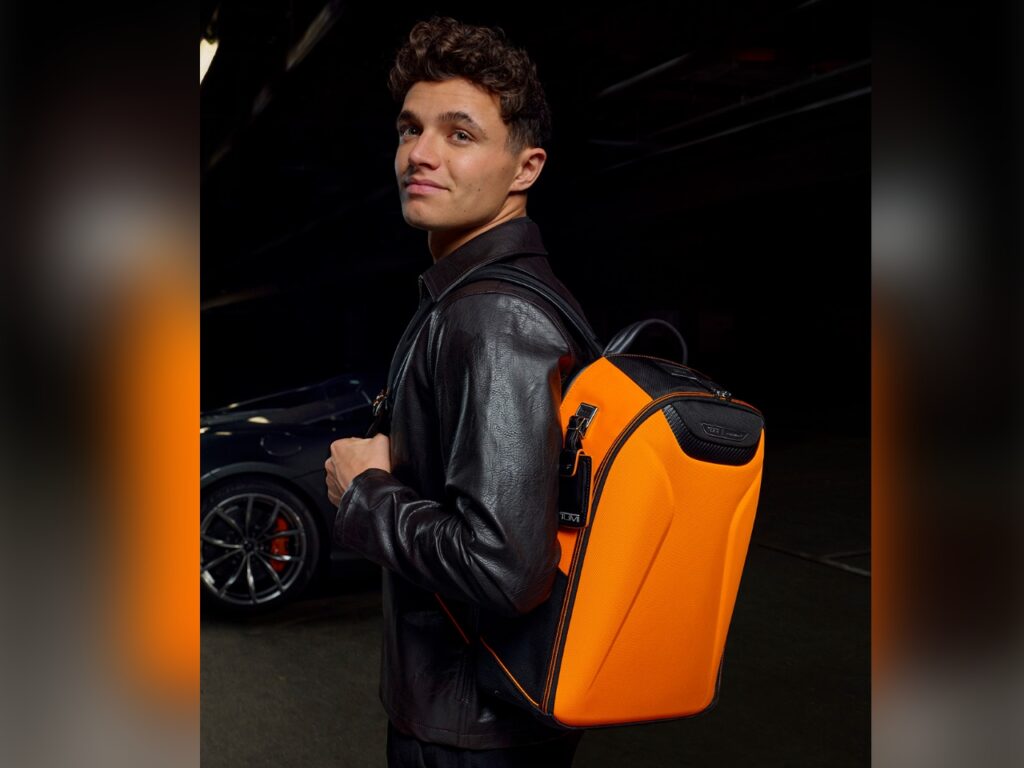 Lando Norris with Limited Edition TUMI x McLaren 60th Anniversary Collection backpack.  {Tech} for Travel.  https://techfortravel.co.uk