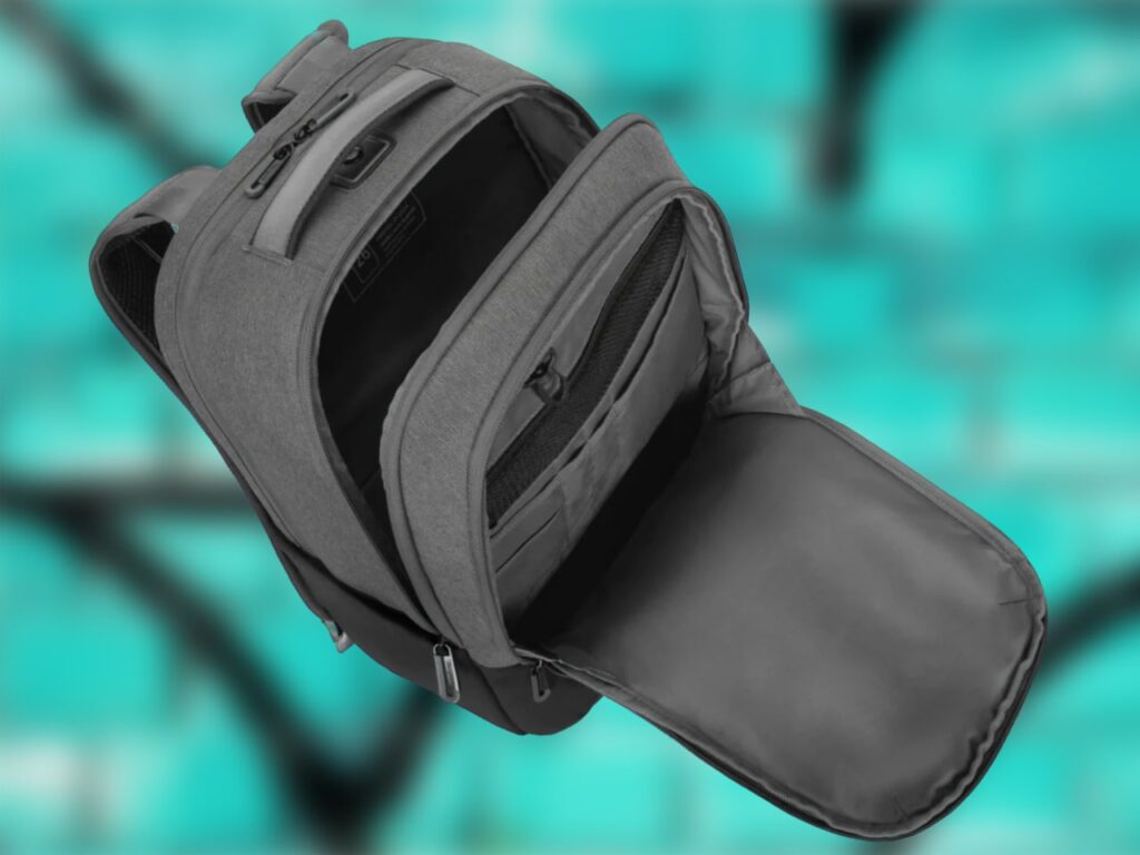 Targus Cypress Hero Backpack open with Find My Network.  {Tech} for Travel.  https://techfortravel.co.uk
