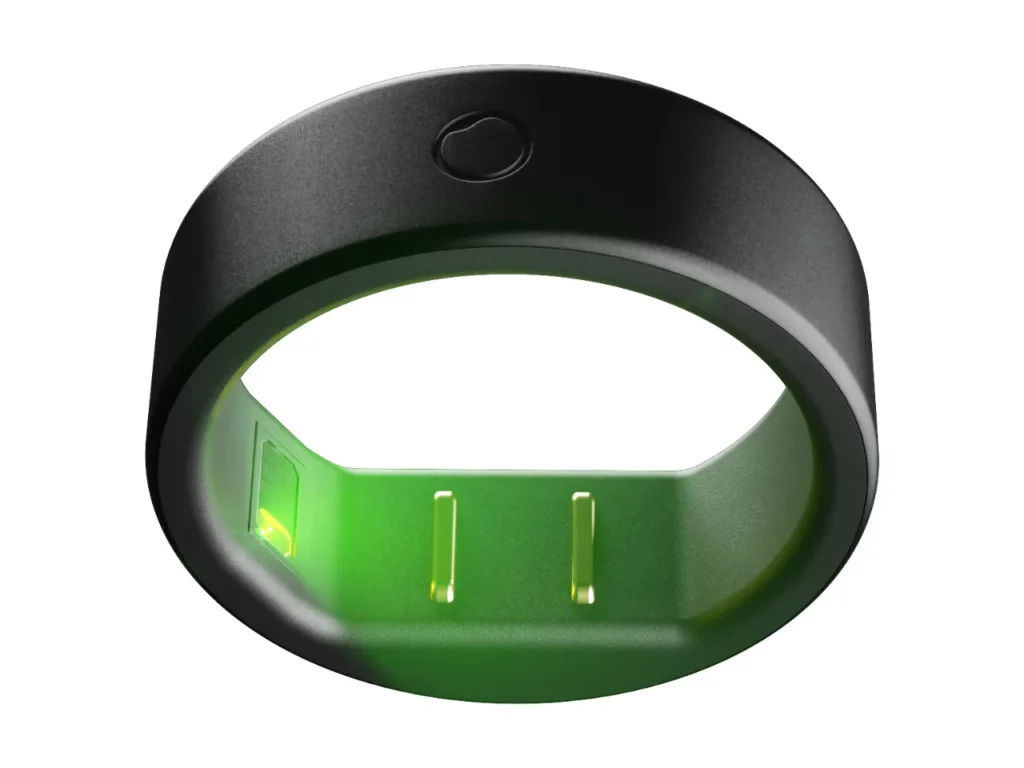 a black ring with a green light