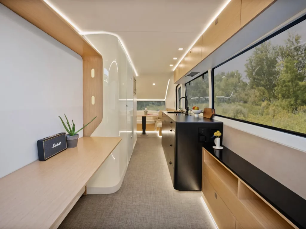 a room with a table and a window. CES 2024 News Pebble Flow Electric RV.  {Tech} for Travel. https://techfortravel.co.uk