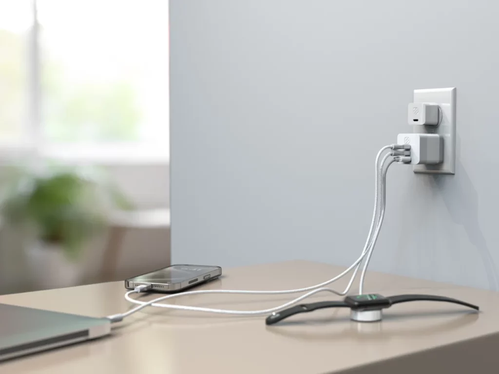 a cell phone charging on a table. Scosche powerVolt CES 2024 News. {Tech} for Travel.  https://techfor travel.co.uk
