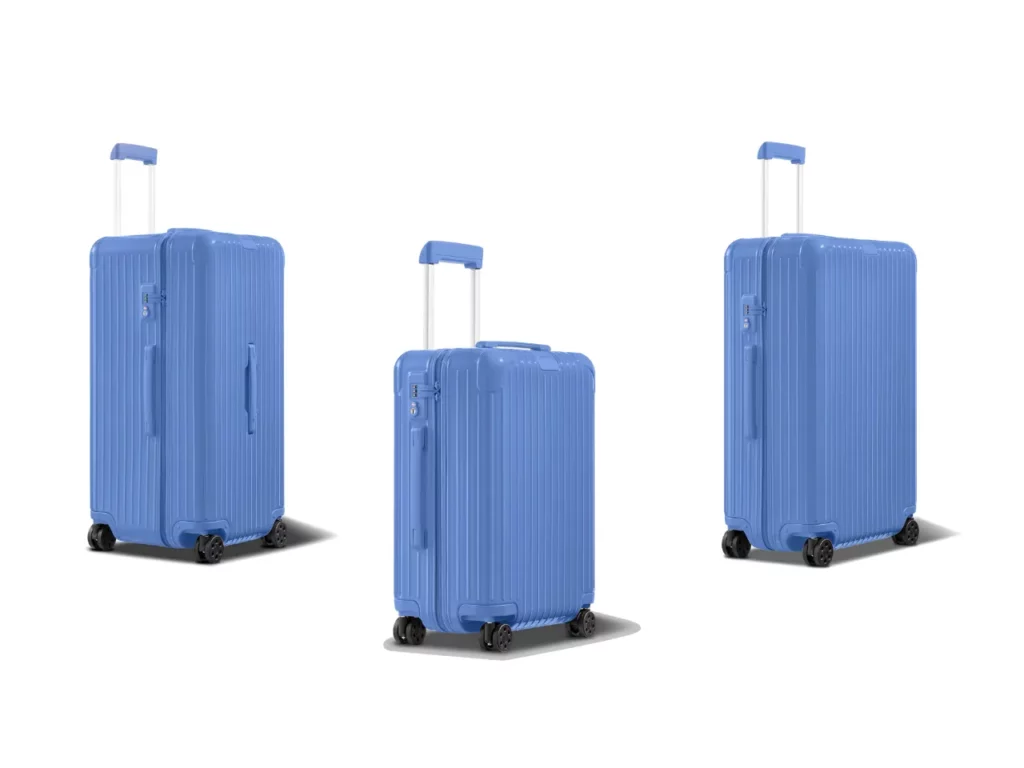 a group of blue luggage. Rimowa Essential Collection in Sea Blue.  {Tech} for Travel.  https://techfortravel.co.uk