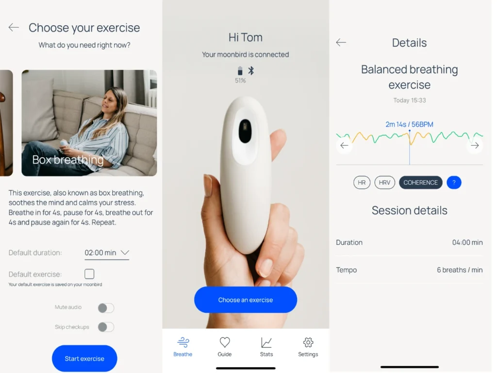 a screenshot of a device.  Moonbird review app screen display of guided breathing.  {Tech} for Travel. https://techfortravel.co.uk