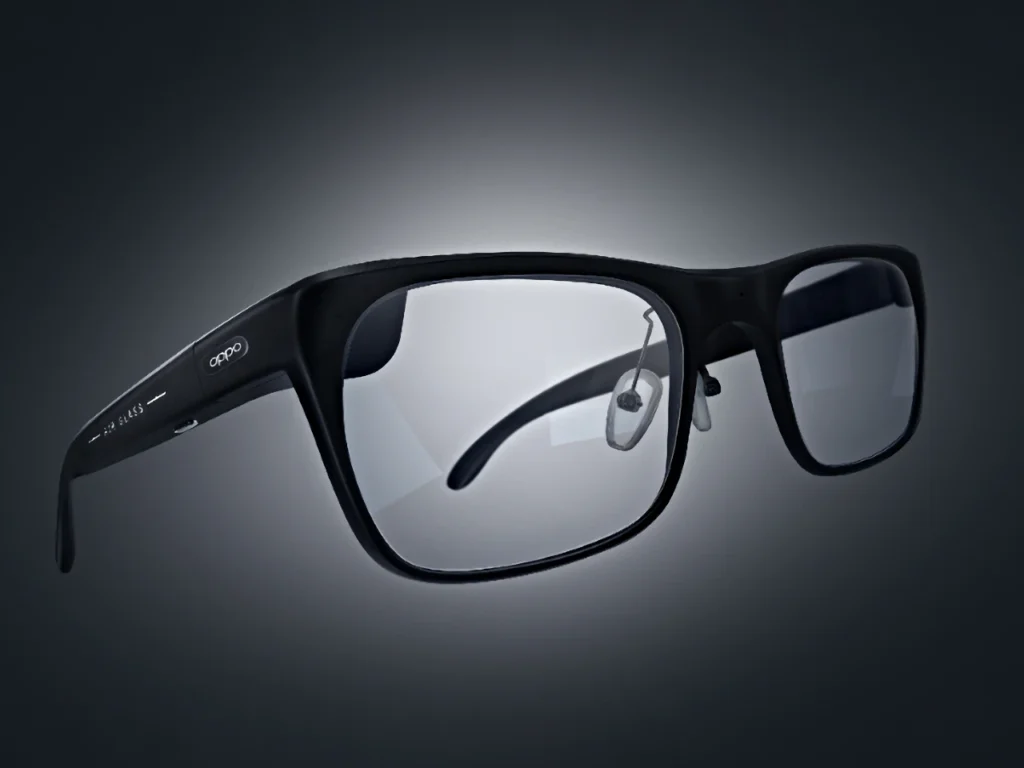a black eyeglasses with clear lenses.  OPPO Air Glass 3 smartglasses. MWC 2024.  {Tech} for Travel. https://techfortravel.co.uk