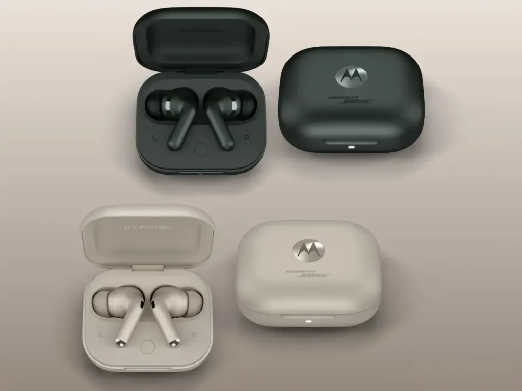 a group of black and white earbuds.  Moto Buds+.  {Tech} for Travel. https://techfortravel.co.uk