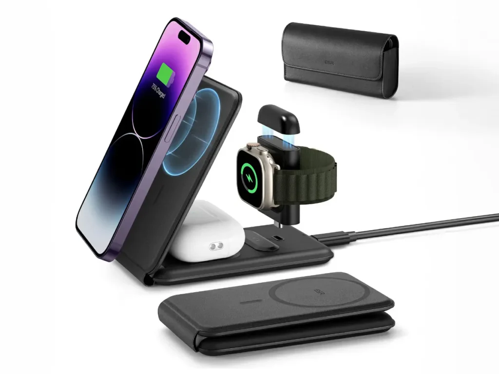 a device with a smart watch. ESR Gear HaloLock 3 in 1 Travel Wireless Charging set.  {Tech} for Travel. https://techfortravel.co.uk