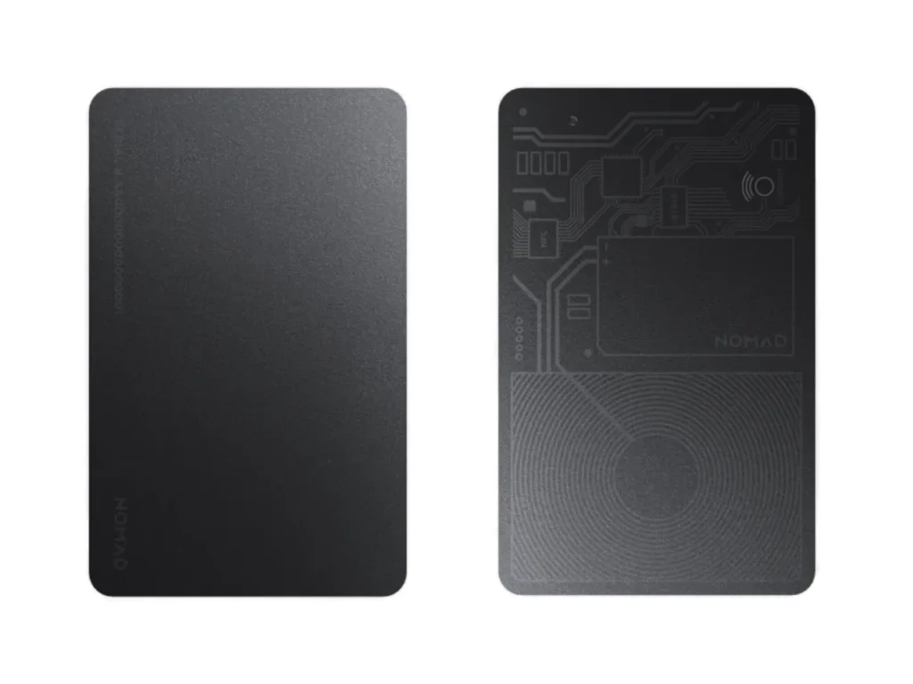 a back and side of a device. Apple Find My Tracking devices.  Nomad Goods Tracking Card.  {Tech} for Travel. https://techfortravel.co.uk