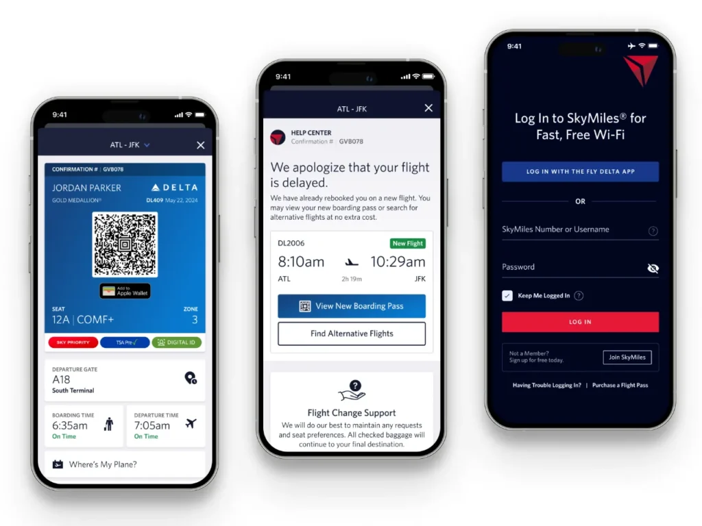 a screenshot of a phone. Fly Delta App. {Tech} for Travel. https://techfortravel.co.uk