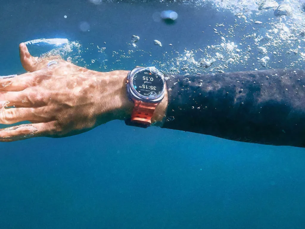 a person's wrist under water. Samsung Galaxy Watch Ultra Specifications.  {Tech} for Travel. https://techfortrael.co.uk