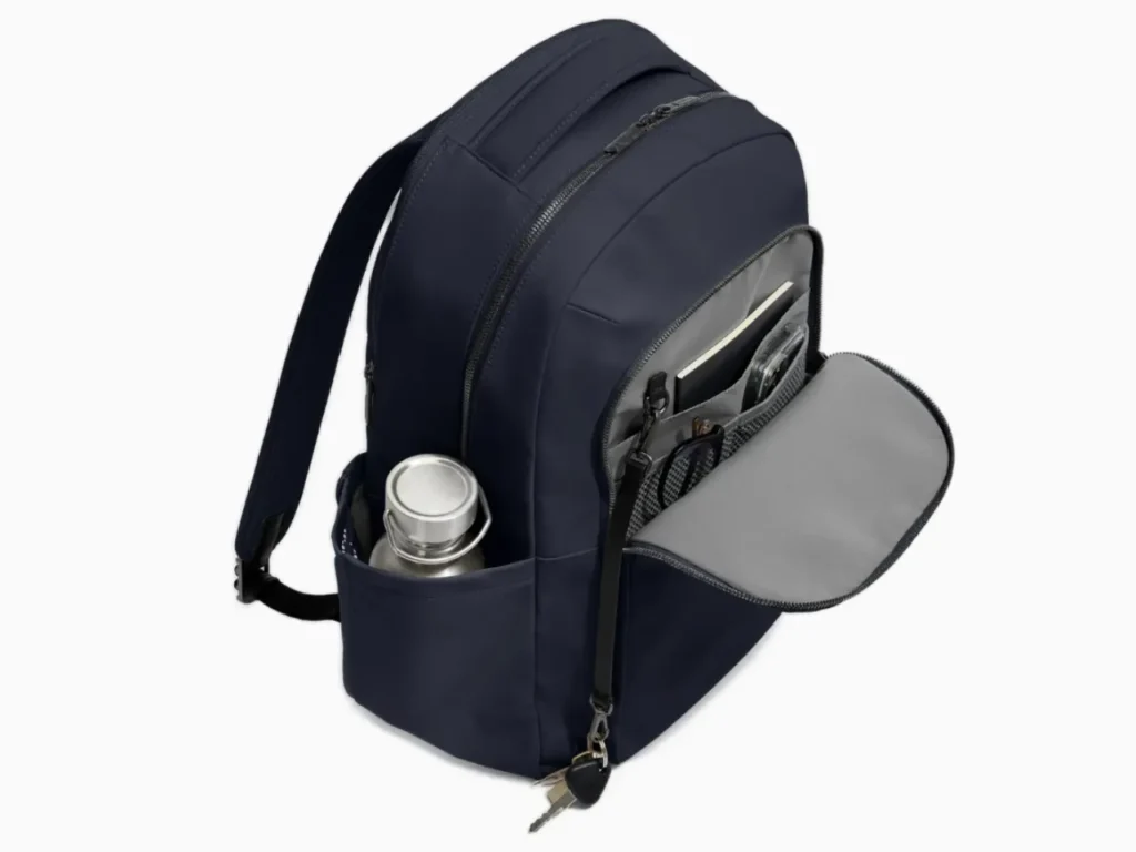 a backpack with a bottle and a thermos. Away Commuter Backpack. {Tech} for Travel. https://techfortravel.co.uk