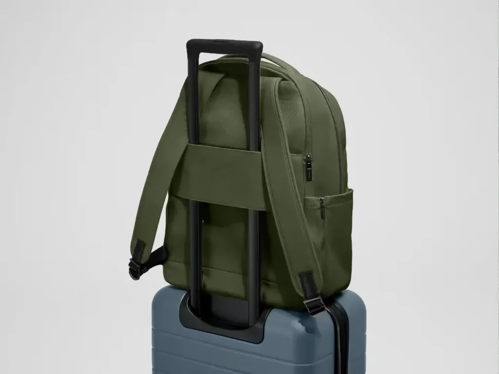 a green backpack on a blue suitcase. Away Commuter Backpack.  {Tech} for Travel. https://techfortravel.co.uk