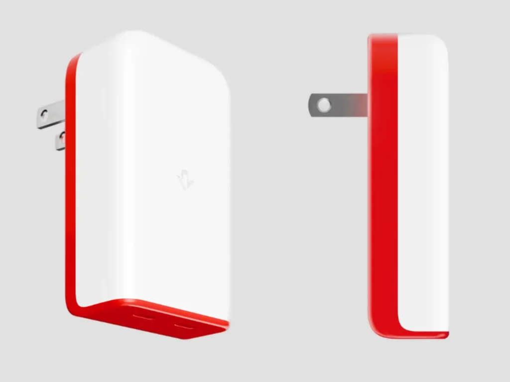 a white and red rectangle device. Twelve South PlubBug 50 US version.  {tech} for Travel. Https://techfortravel.co.uk