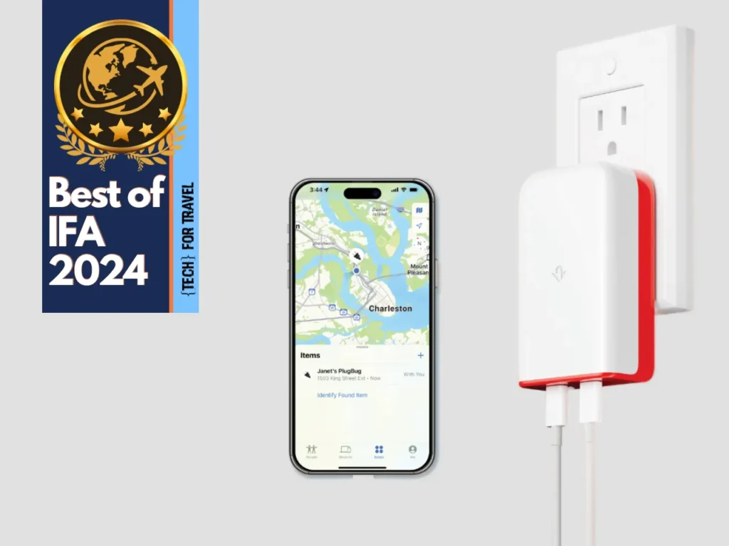 a phone next to a wall outlet. Twelve South PlugBug IFA 2024 Winner.  {Tech} for Travel. https://techfortravel.co.uk