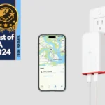 Twelve South PlugBug is a Travel Adapter with Apple Find My Built In a phone next to a wall outlet