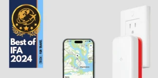 Twelve South PlugBug is a Travel Adapter with Apple Find My Built In a phone next to a wall outlet