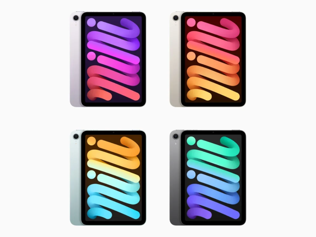 a group of different colored screens. Apple iPad Mini 7th Gen Colours. {Tech} for Travel. https://techfortravel.co.uk