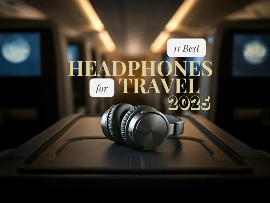 a headphones on a black surface. Best Headphones for Travel 2025.  {Tech} for Travel. https://techfortravel.co.uk