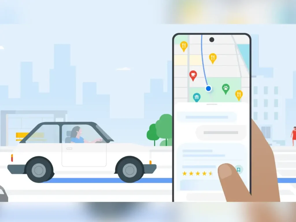 a hand holding a phone with a car on it. Google Maps Gemini AI.  {Tech} for Travel. https://techfortravel.co.uk