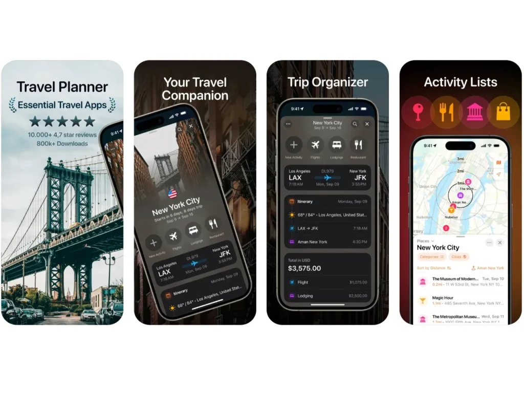 a group of cell phones with a map and a bridge. Apple App Store Awards 2024.  {Tech} for Travel. https://techfortravel.co.uk