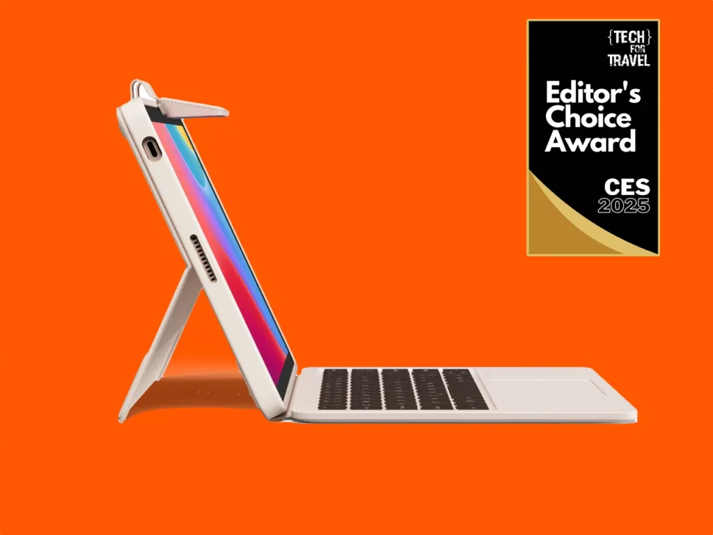 a laptop with a stand on it. Best Travel Gadgets 2025. Best of CES 2025. {Tech} for Travel. https://techfortravel.co.uk