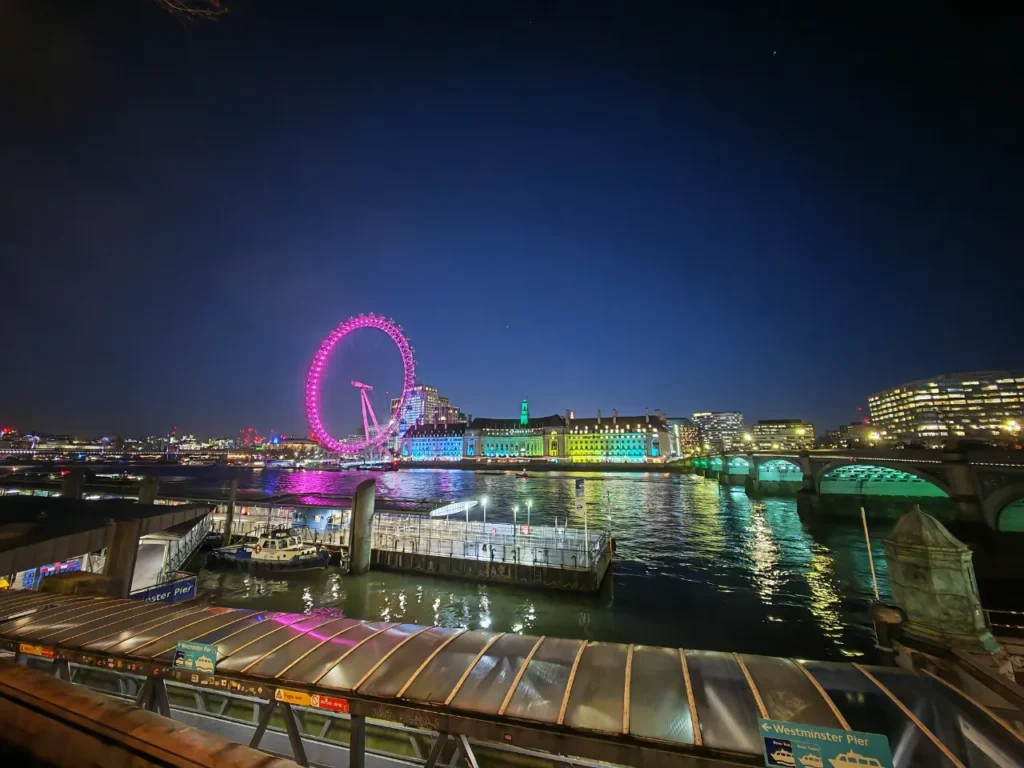 a city skyline with a ferris wheel and a river. HONOR Magic7 Pro Review.  {Tech} for Travel. https://techfortravel.co.uk