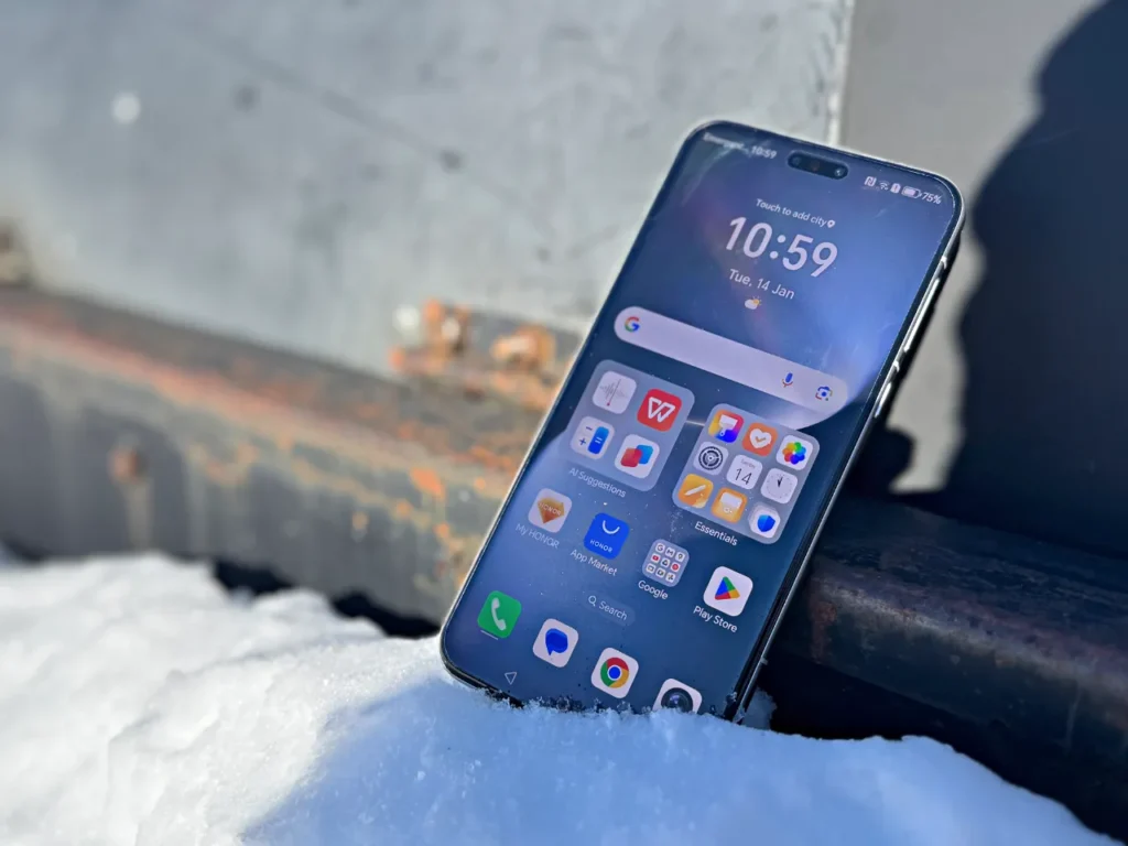 a cell phone in the snow