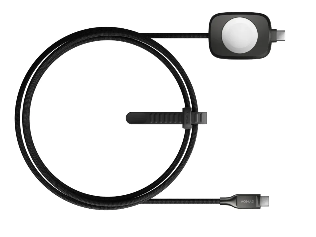 a black cable with a white circle. Nomad Goods Universal Cable for Apple Watch Review.  {Tech} for Travel. https://techfortravel.co.uk