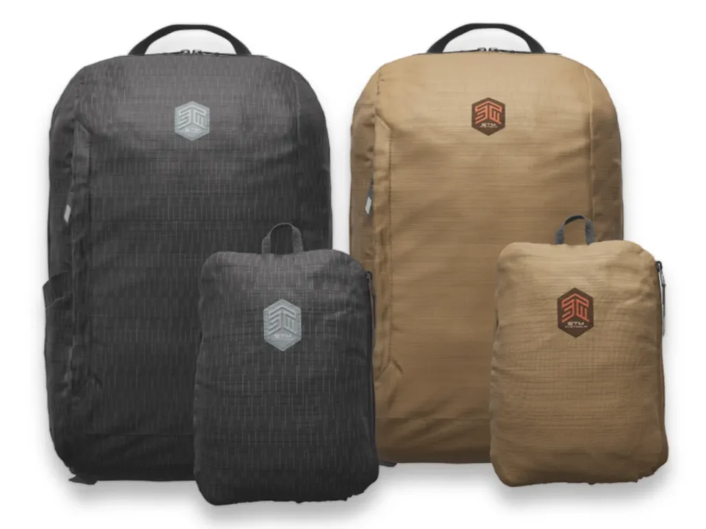 a group of bags with logos. STM Goods BagPack Review. BagPack Colours. {Tech} for Travel. https://techfortravel.co.uk