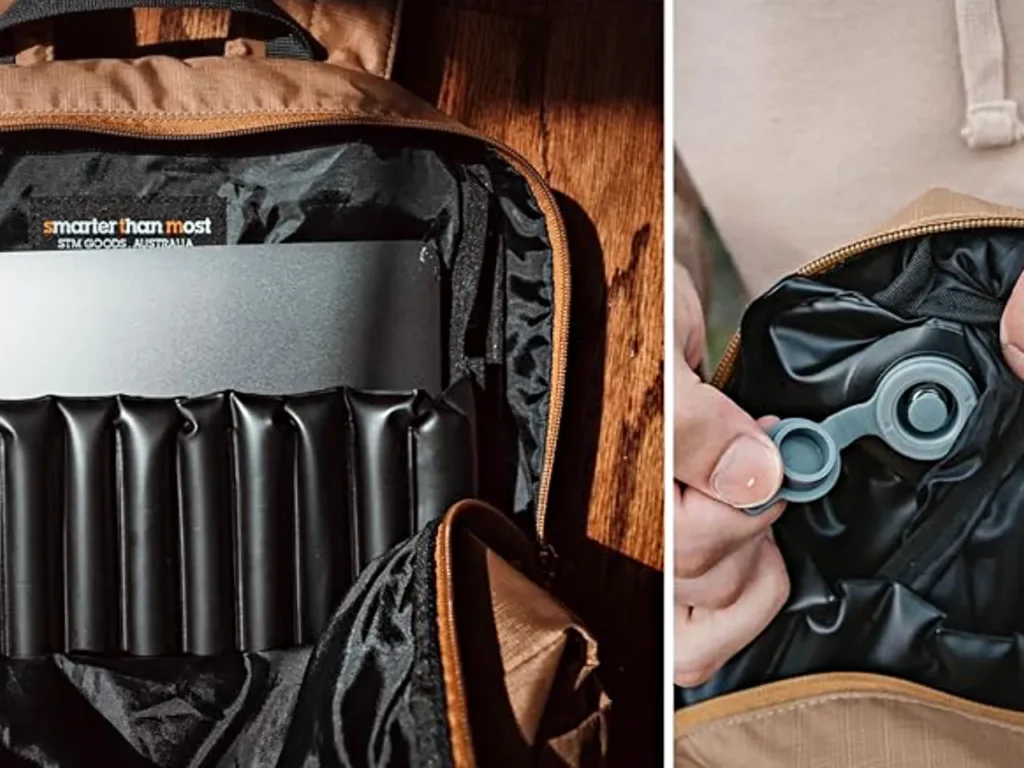 a person opening a bag with a tool. STM Goods BagPack Review. Air Pad cell.  {Tech} for Travel. https://techfortravel.co.uk