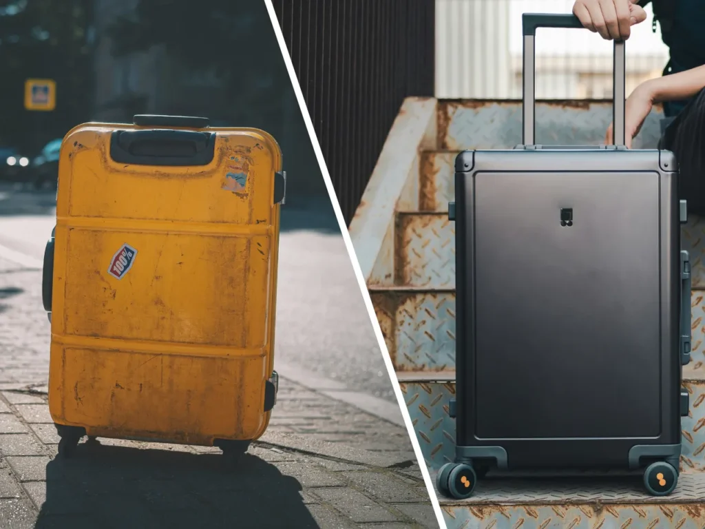 a collage of a yellow suitcase. Best Carry On Cases 2025. {Tech} for Travel. https://techfortravel.co.uk