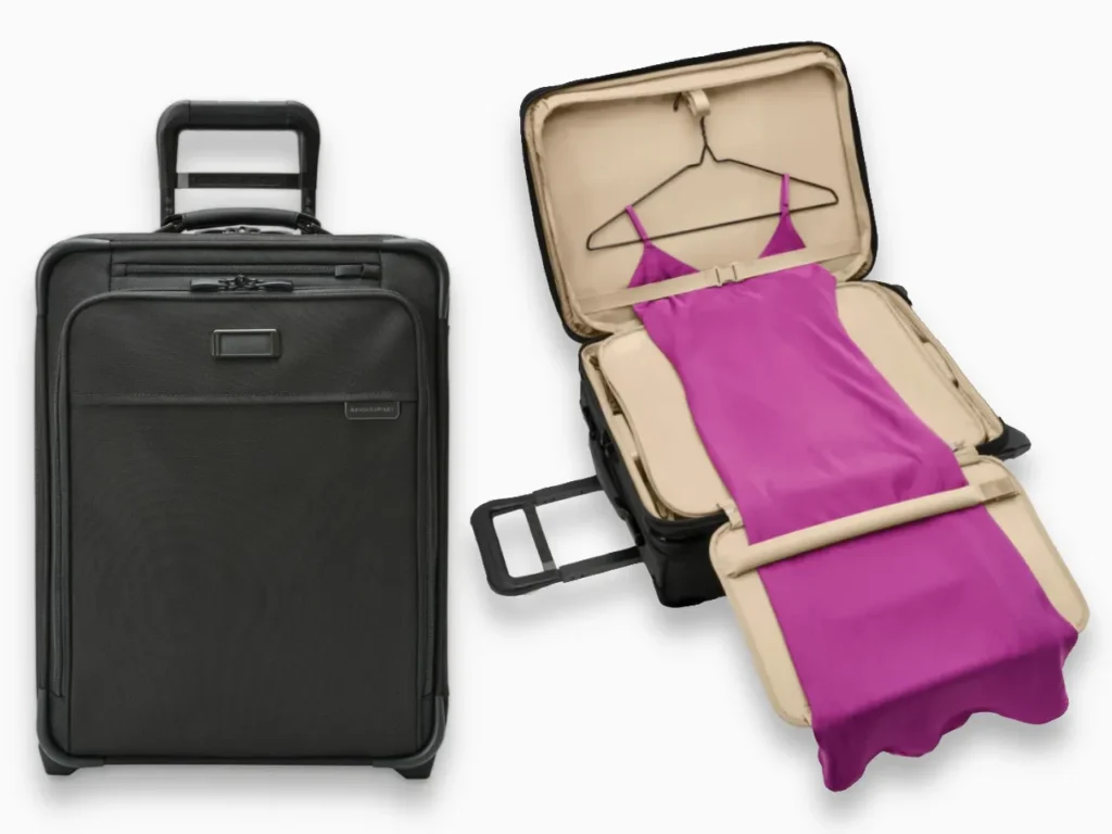 a suitcase with a pink dress. Best Carry-On Cases 2025. {Tech} for Travel. https://techfortravel.co.uk