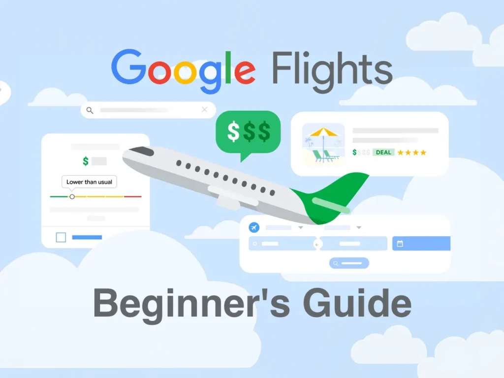 a plane flying in the sky. Google Flights Website. {Tech} for Travel. https://techfortravel.co.uk