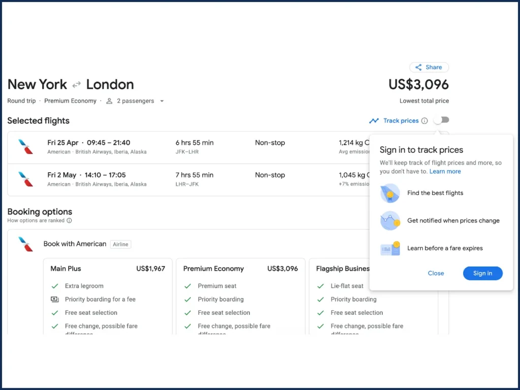 a screenshot of a website. Google Flights Website Track prices.  {Tech} for Travel. https://techfortravel.co.uk