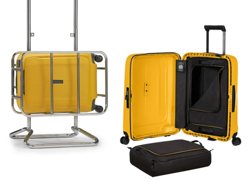 a yellow suitcase with wheels. Samsonite Essens Spinner Carry On.  Best Carry On Cases 2025. {Tech} for Travel. https://techfortravel.co.uk