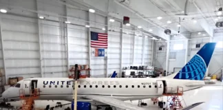 United Airlines Starlink Wi-Fi Begins Regional Rollout a plane in a hangar. United Airlines Starlink