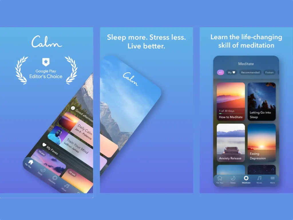 Calm App Screenshots – {Tech} for Travel screens screenshot of a cell phone. Calm App. Healthy Travel Gadgets. {Tech} for Travel. https://techfortravel.co.uk
