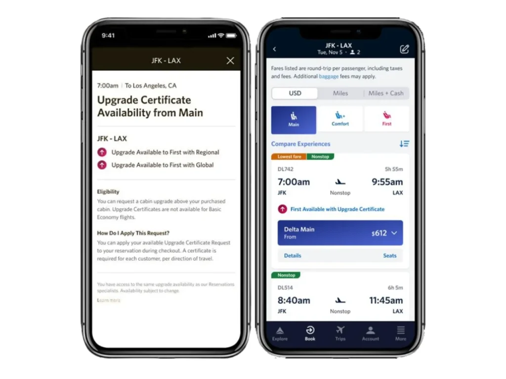 Fly Delta App display screen – {Tech} for Travel a screenshot of a phone. Fly Delta App Version 7. {Tech} for Travel. https://techfortravel.co.uk
