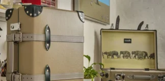 Globe-Trotter launches safari-styled suitcase series a suitcases on a table. Globe-Trotter Elephant Family collection. {Tech} for Travel. https://techfortravel.co.uk