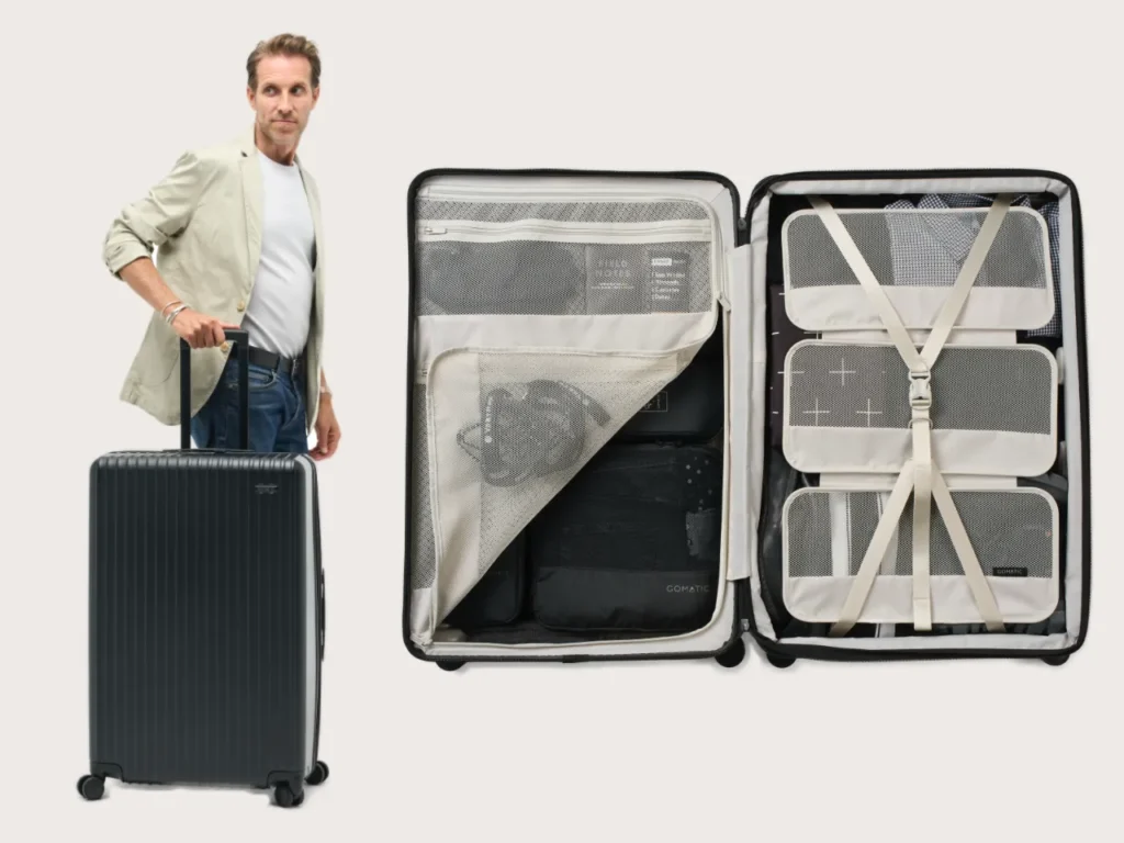 Gomatic Mthod Luggage Check-In – {Tech} for Travel a man standing next to a suitcase. Gomatic Method Luggage Check-In. {Tech} for Travel. https://techfortravel.co.uk