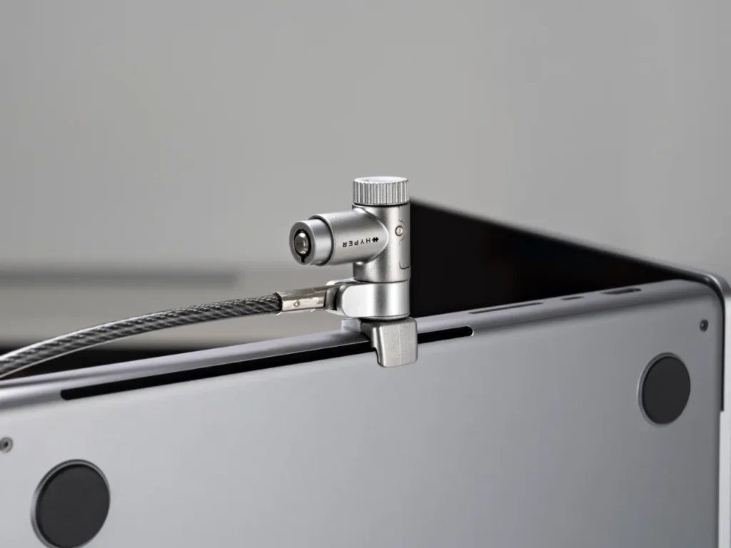 HyperShield MacBook Pro Cable in Air vent – {Tech} for Travel a lock on a laptop. HyperShield MacBook Pro Cable Lock. {Tech} for Travel. https://techfortravel.co.uk
