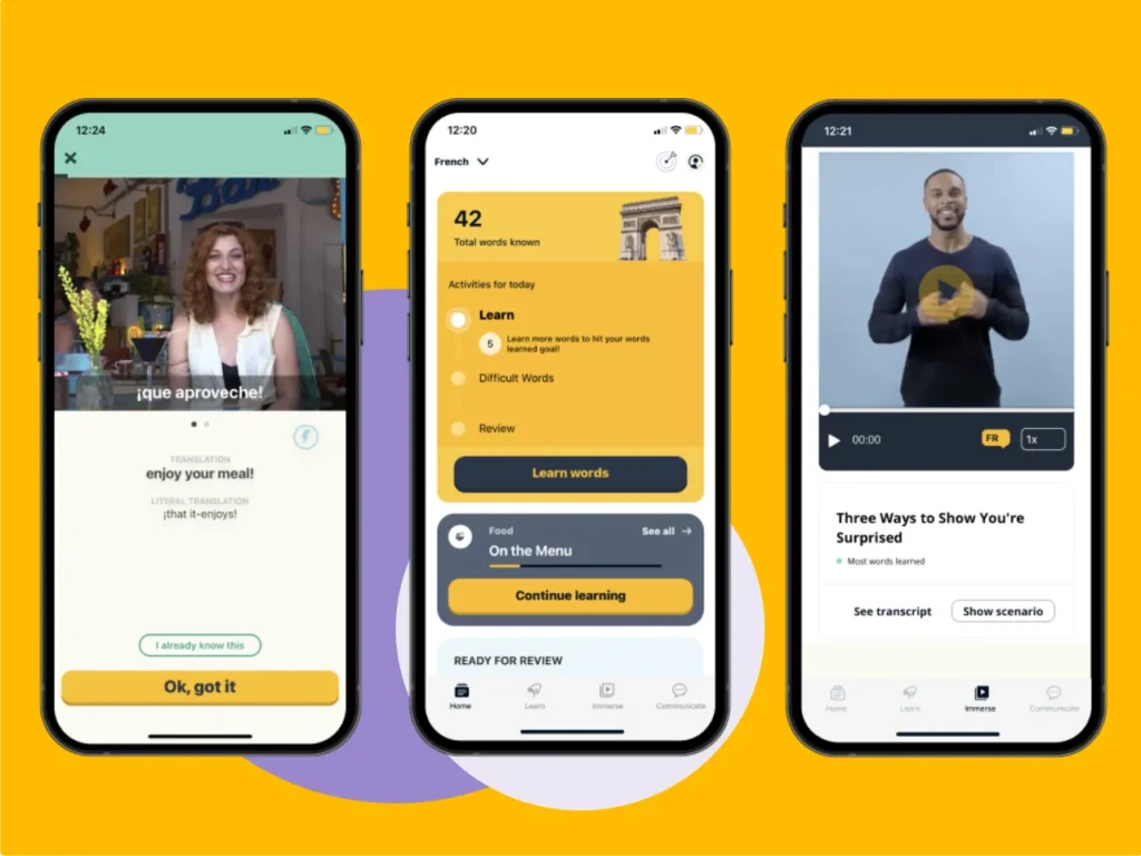 a screenshot of a group of cell phones. Memrise app. {Tech} for Travel. https://techfortravel.co.uk