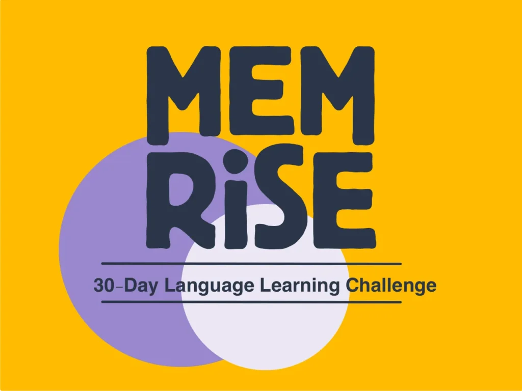 a yellow and purple background with words and circles. Memrise app. {Tech} for Travel. https://techfortravel.co.uk